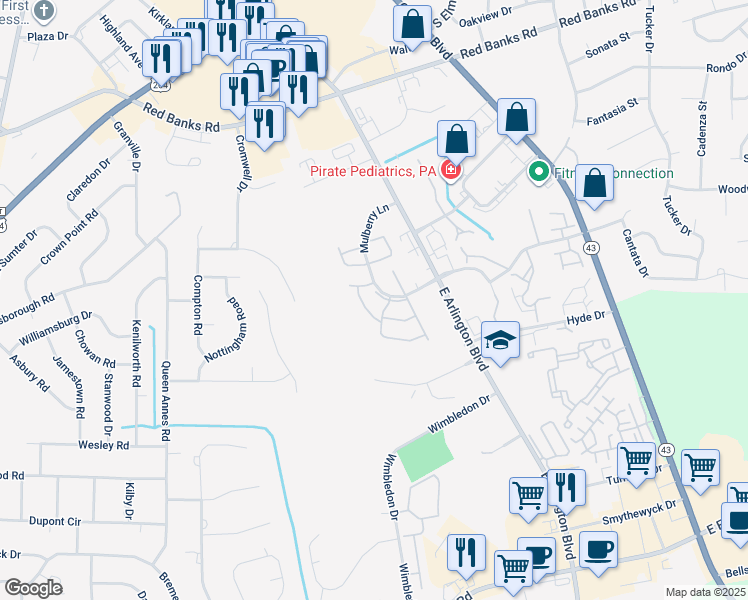 map of restaurants, bars, coffee shops, grocery stores, and more near 2900 Mulberry Lane in Greenville