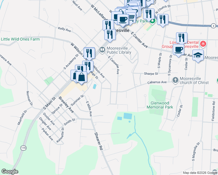 map of restaurants, bars, coffee shops, grocery stores, and more near 409 Harris Avenue in Mooresville
