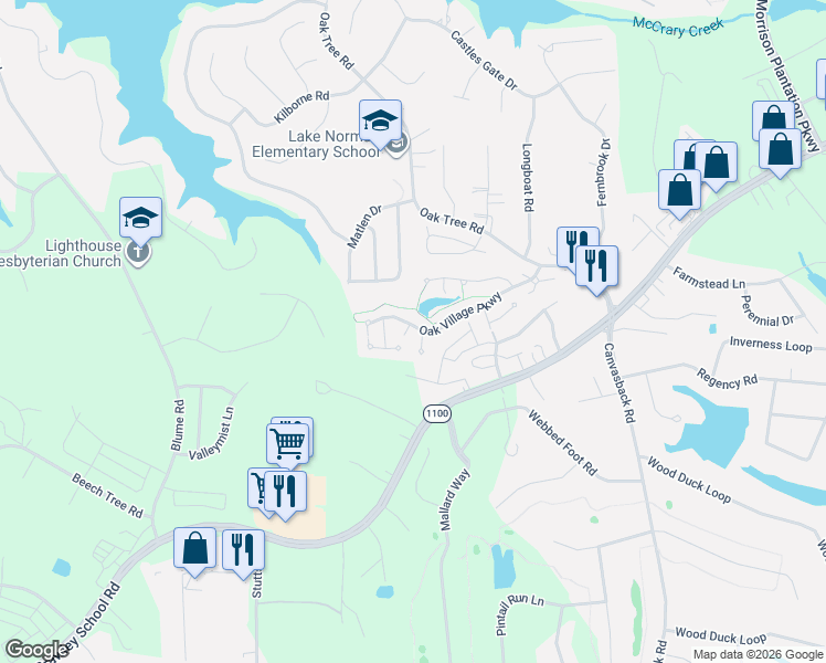 map of restaurants, bars, coffee shops, grocery stores, and more near 202 Oak Village Parkway in Mooresville