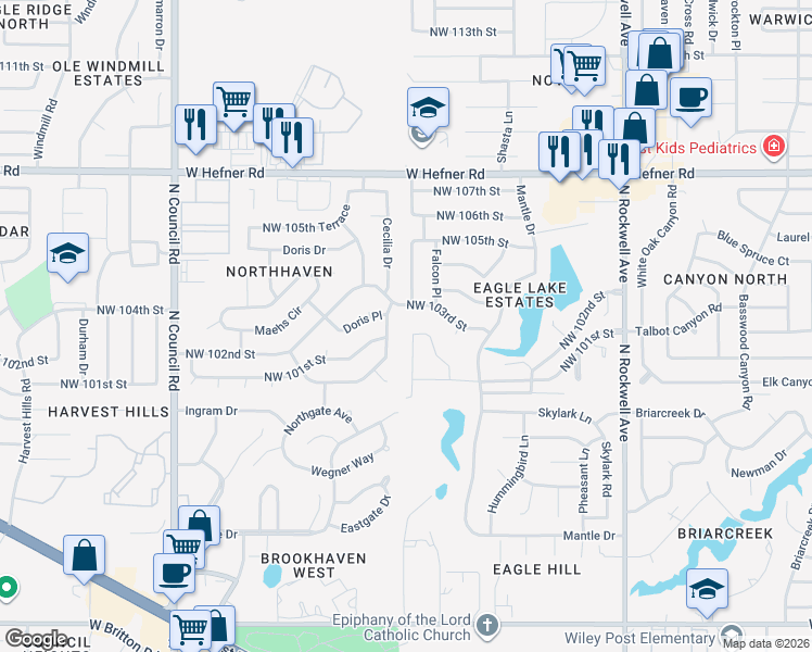 map of restaurants, bars, coffee shops, grocery stores, and more near 7516 Northwest 103rd Street in Oklahoma City
