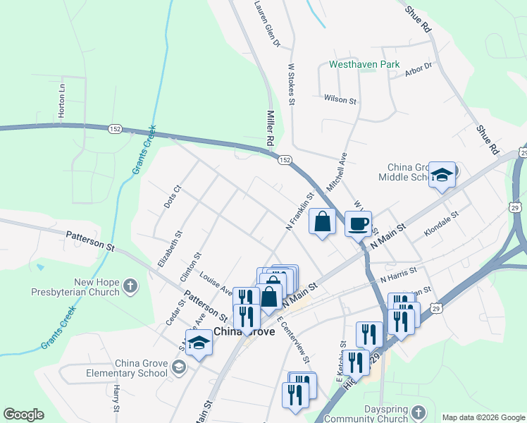 map of restaurants, bars, coffee shops, grocery stores, and more near 402 West Ketchie Street in China Grove