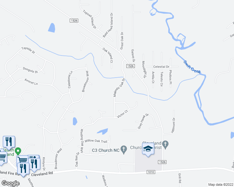 map of restaurants, bars, coffee shops, grocery stores, and more near 293 Majestic Oak Drive in Garner