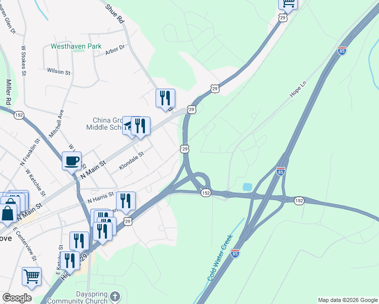 map of restaurants, bars, coffee shops, grocery stores, and more near 235 Madison Road in China Grove