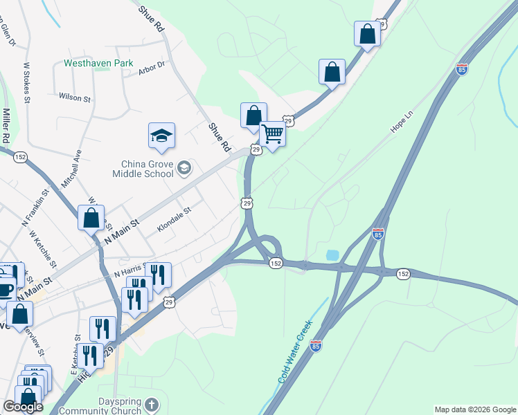 map of restaurants, bars, coffee shops, grocery stores, and more near 235 Madison Road in China Grove