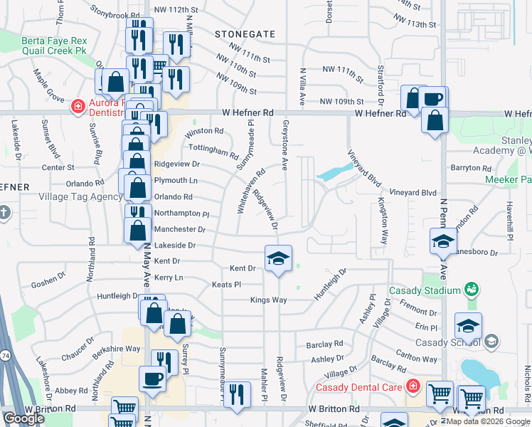 map of restaurants, bars, coffee shops, grocery stores, and more near 10415 Ridgeview Drive in The Village
