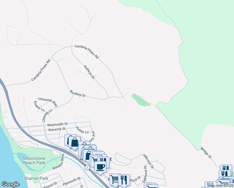 map of restaurants, bars, coffee shops, grocery stores, and more near 6410 Cambria Pines Road in Cambria