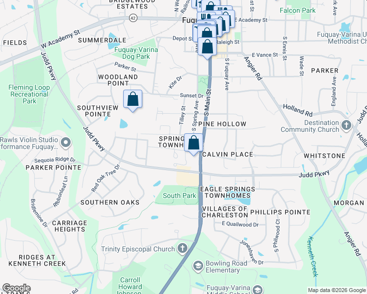 map of restaurants, bars, coffee shops, grocery stores, and more near 501 Old Spring Hill Lane in Fuquay-Varina