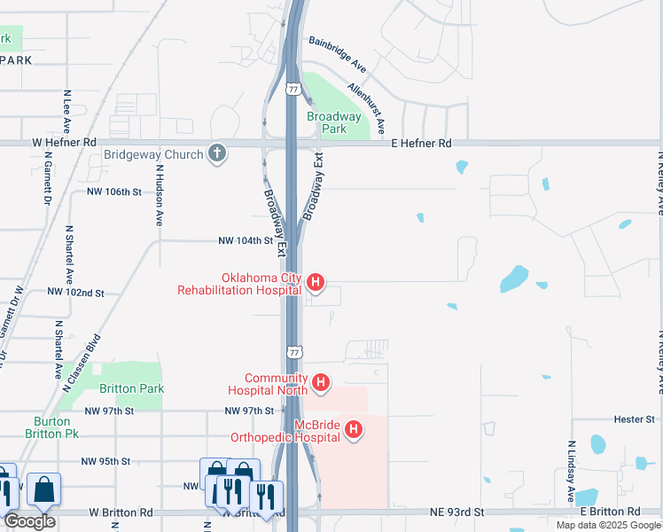 map of restaurants, bars, coffee shops, grocery stores, and more near 41 Northwest 102nd Street in Oklahoma City