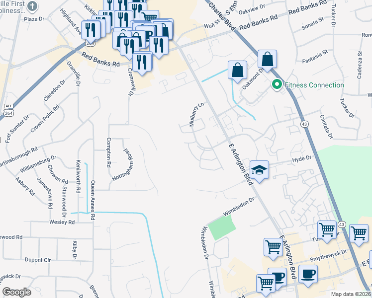 map of restaurants, bars, coffee shops, grocery stores, and more near 2808 Mulberry Lane in Greenville