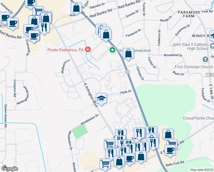 map of restaurants, bars, coffee shops, grocery stores, and more near 118 Breezewood Drive in Greenville