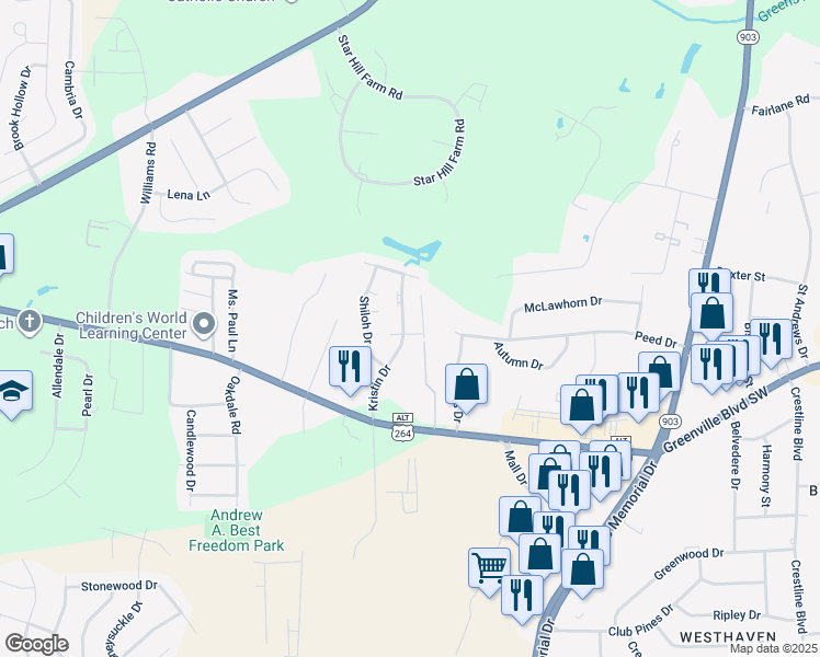 map of restaurants, bars, coffee shops, grocery stores, and more near 3004 Caldwell Court in Greenville
