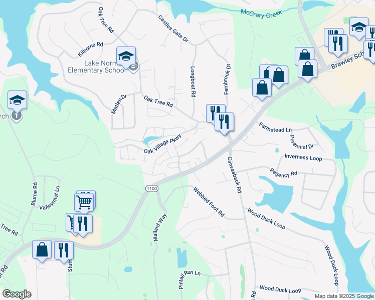 map of restaurants, bars, coffee shops, grocery stores, and more near 150 Springwood Lane in Mooresville