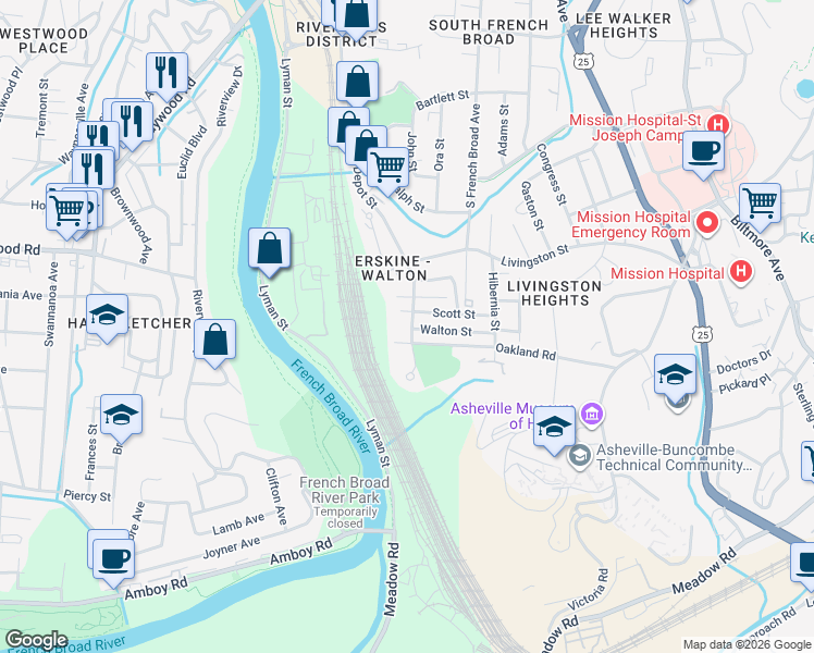 map of restaurants, bars, coffee shops, grocery stores, and more near 209 Walton Street in Asheville