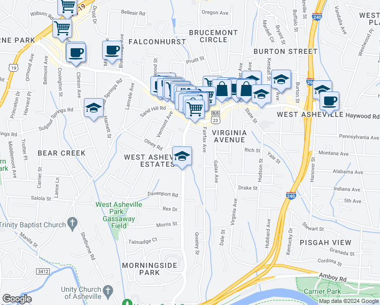 map of restaurants, bars, coffee shops, grocery stores, and more near 66 Brevard Road in Asheville