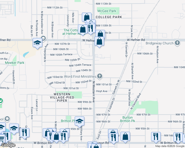 map of restaurants, bars, coffee shops, grocery stores, and more near 1100 Northwest 104th Street in Oklahoma City