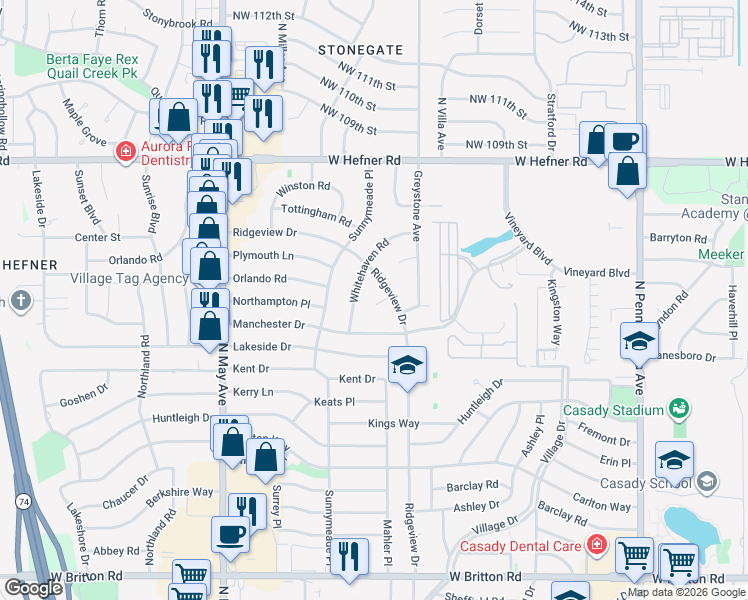 map of restaurants, bars, coffee shops, grocery stores, and more near 10415 Ridgeview Drive in The Village