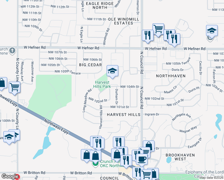 map of restaurants, bars, coffee shops, grocery stores, and more near 10408 Ryecroft Road in Oklahoma City
