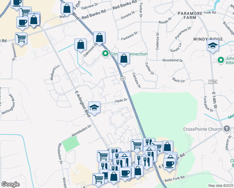 map of restaurants, bars, coffee shops, grocery stores, and more near 2221 Hyde Drive in Greenville