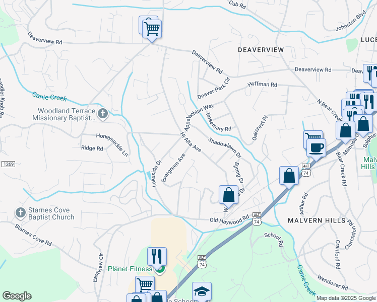 map of restaurants, bars, coffee shops, grocery stores, and more near 2 Evergreen Avenue in Asheville