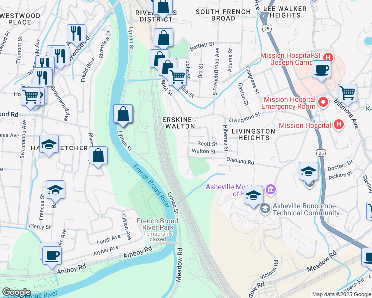 map of restaurants, bars, coffee shops, grocery stores, and more near 209 Walton Street in Asheville