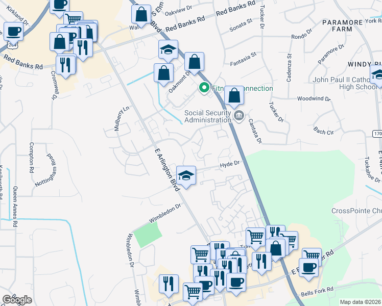map of restaurants, bars, coffee shops, grocery stores, and more near 110 Breezewood Drive in Greenville
