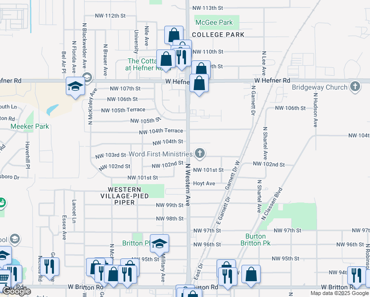 map of restaurants, bars, coffee shops, grocery stores, and more near 1100 Northwest 104th Street in Oklahoma City
