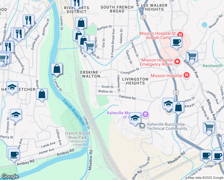 map of restaurants, bars, coffee shops, grocery stores, and more near 42 Walton Street in Asheville