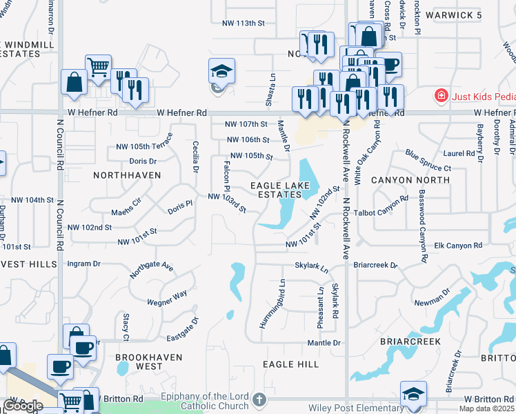map of restaurants, bars, coffee shops, grocery stores, and more near 7405 Northwest 103rd Street in Oklahoma City