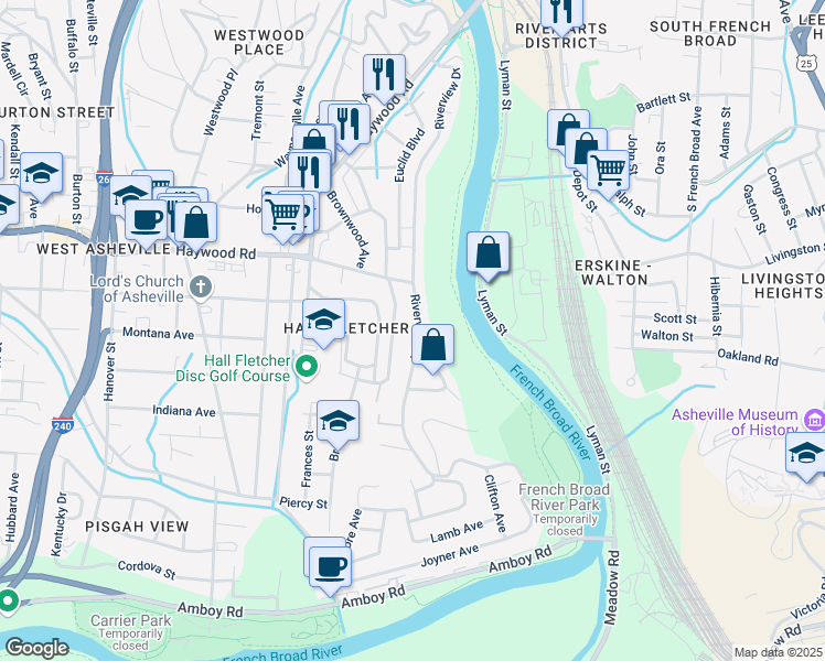 map of restaurants, bars, coffee shops, grocery stores, and more near 279 Riverview Drive in Asheville