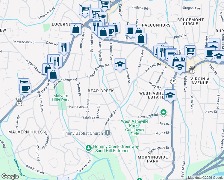 map of restaurants, bars, coffee shops, grocery stores, and more near 1 Pinewood Place in Asheville