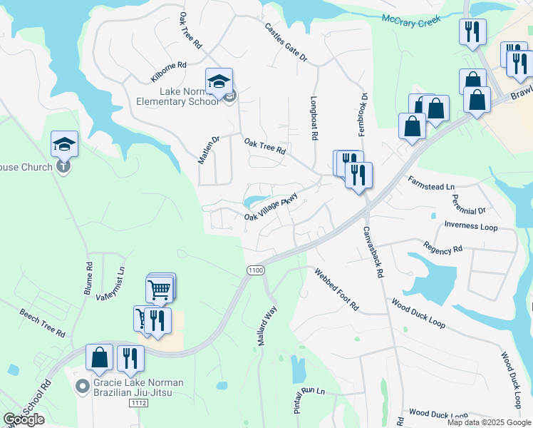 map of restaurants, bars, coffee shops, grocery stores, and more near 177 Oak Village Parkway in Mooresville
