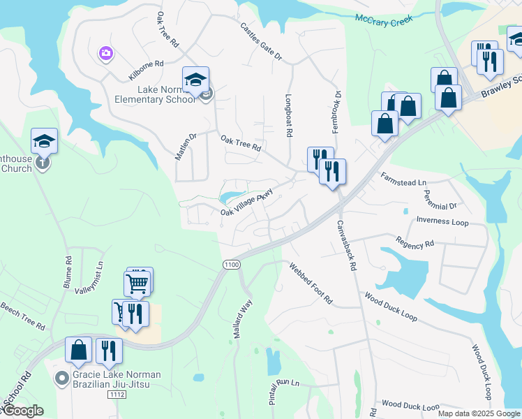 map of restaurants, bars, coffee shops, grocery stores, and more near 110 Whitehall Drive in Mooresville