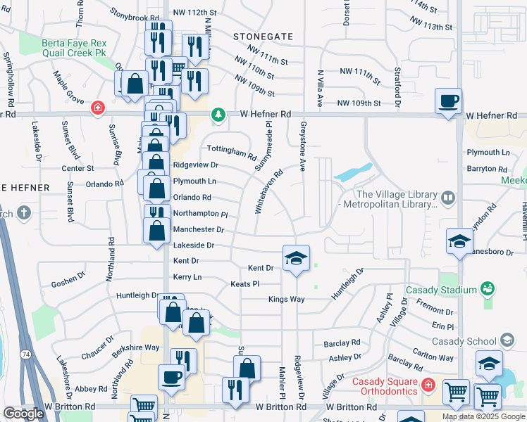 map of restaurants, bars, coffee shops, grocery stores, and more near 10412 Whitehaven Road in The Village