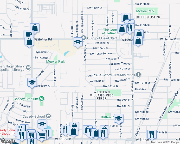 map of restaurants, bars, coffee shops, grocery stores, and more near 1426 Northwest 104th Street in Oklahoma City