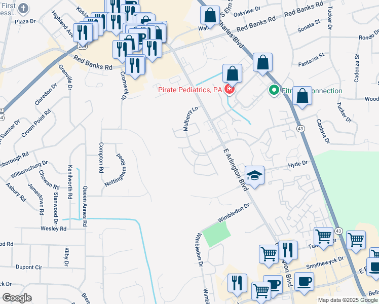 map of restaurants, bars, coffee shops, grocery stores, and more near 3001 Mulberry Lane in Greenville