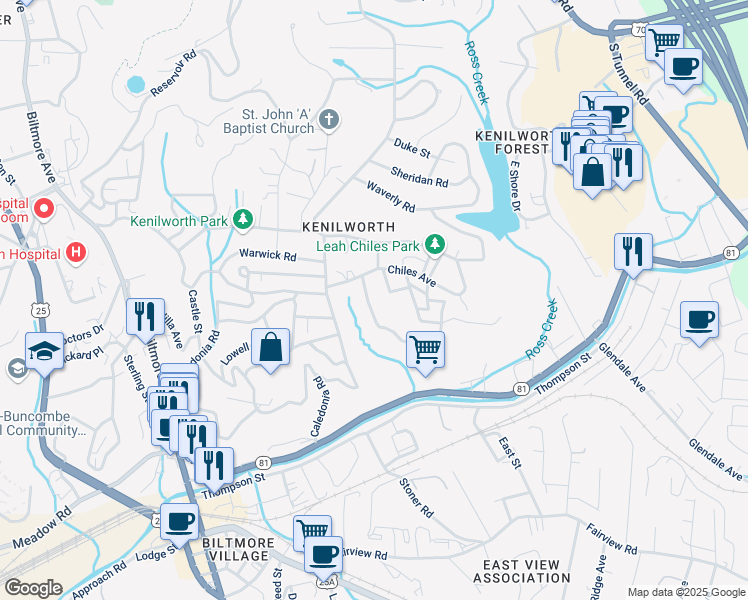 map of restaurants, bars, coffee shops, grocery stores, and more near 5 Devonshire Place in Asheville