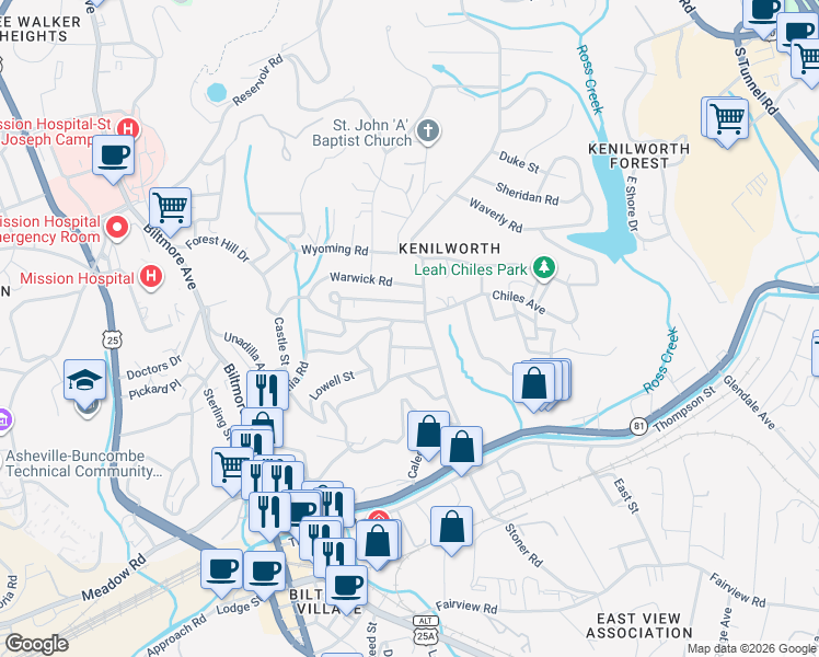 map of restaurants, bars, coffee shops, grocery stores, and more near in Asheville