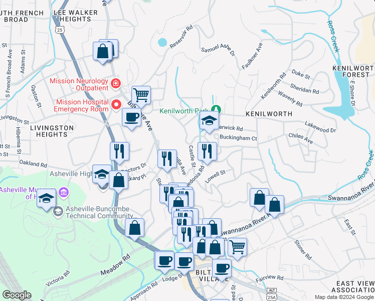 map of restaurants, bars, coffee shops, grocery stores, and more near 1 Unadilla Alley in Asheville