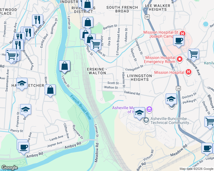 map of restaurants, bars, coffee shops, grocery stores, and more near 60 Walton Street in Asheville