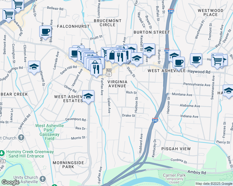 map of restaurants, bars, coffee shops, grocery stores, and more near 14 Cowan Road in Asheville