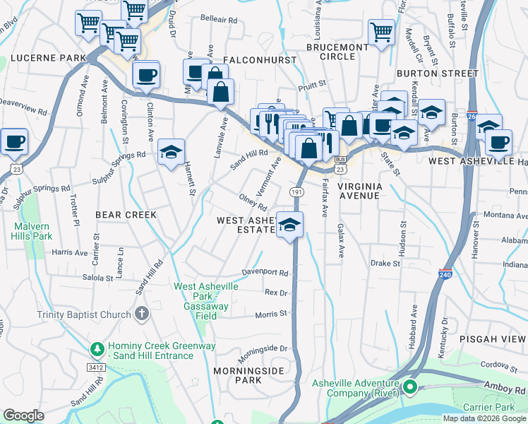 map of restaurants, bars, coffee shops, grocery stores, and more near 78 Vermont Avenue in Asheville