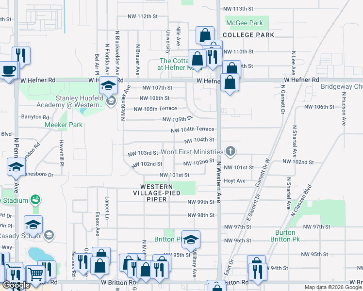map of restaurants, bars, coffee shops, grocery stores, and more near 1220 Northwest 104th Street in Oklahoma City