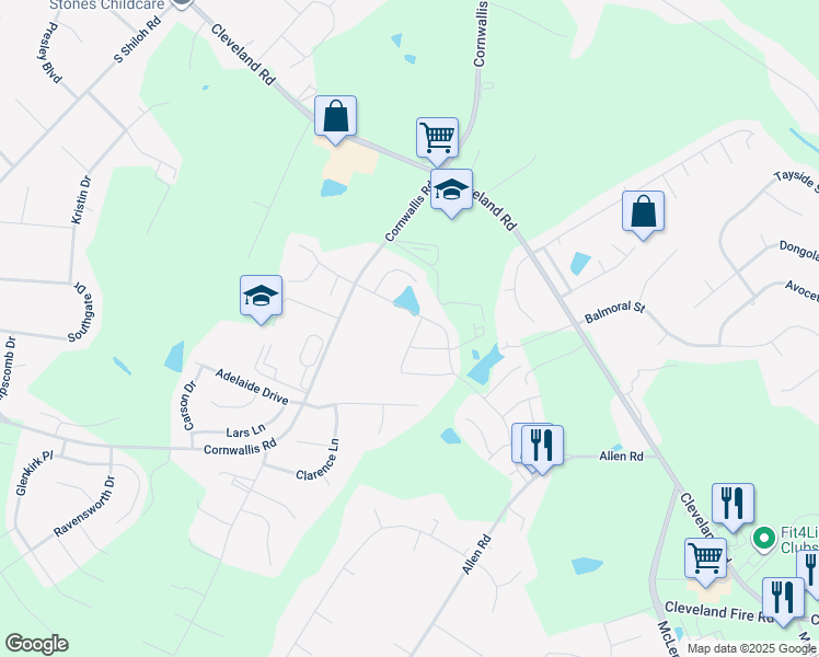 map of restaurants, bars, coffee shops, grocery stores, and more near 38 Green Cypress Way in Garner