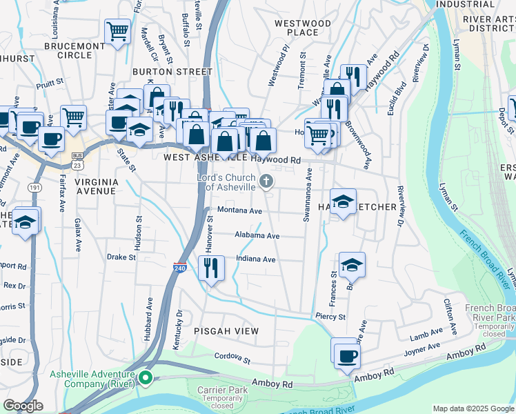 map of restaurants, bars, coffee shops, grocery stores, and more near 71 Montana Avenue in Asheville