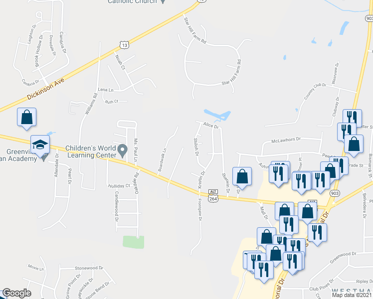 map of restaurants, bars, coffee shops, grocery stores, and more near 116 Laughinghouse Drive in Greenville