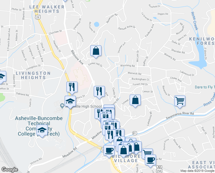 map of restaurants, bars, coffee shops, grocery stores, and more near 1 Unadilla Alley in Asheville