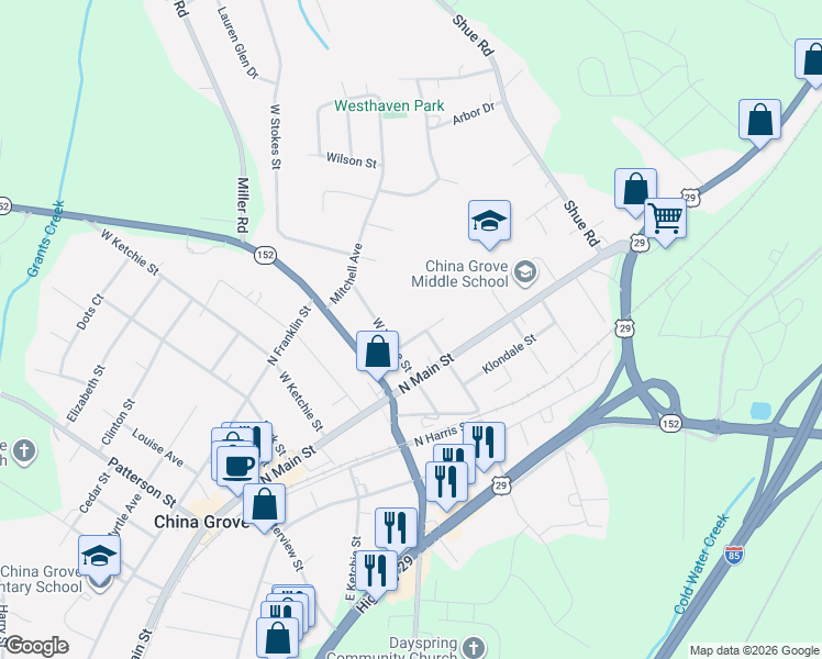 map of restaurants, bars, coffee shops, grocery stores, and more near 206 West Vance Street in China Grove