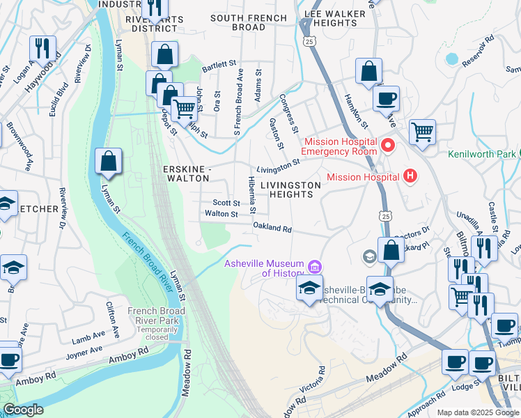 map of restaurants, bars, coffee shops, grocery stores, and more near 47 Water Street in Asheville