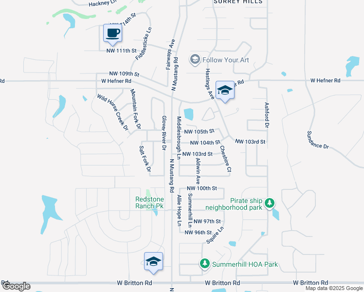 map of restaurants, bars, coffee shops, grocery stores, and more near 11320 Northwest 104th Street in Yukon