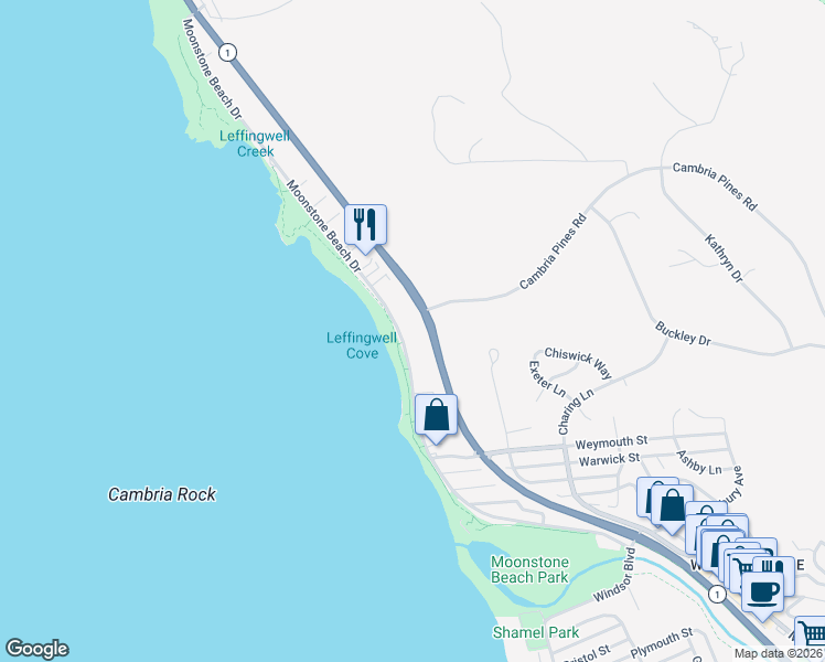 map of restaurants, bars, coffee shops, grocery stores, and more near 6360 Moonstone Beach Drive in Cambria